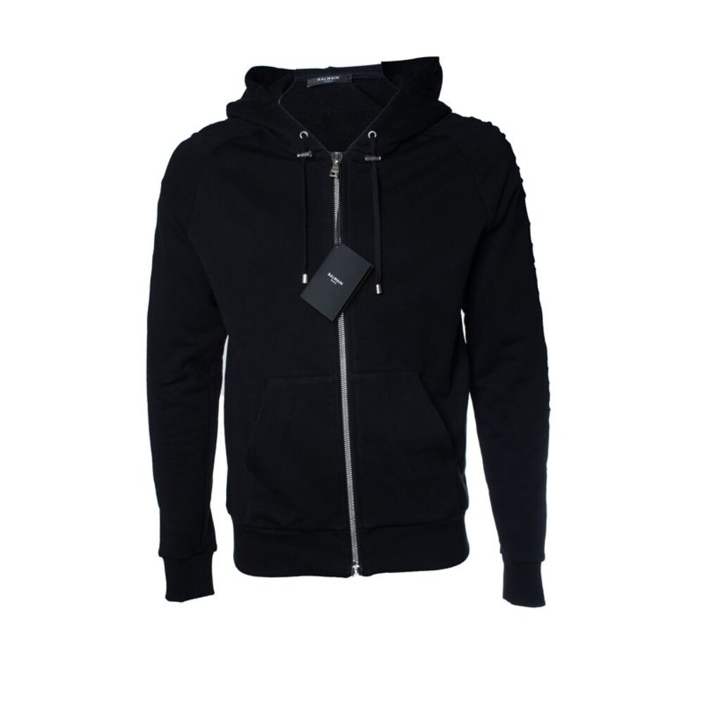Balmain, black hooded cardigan with embossed logo
